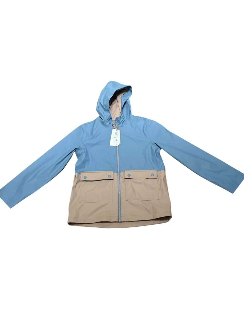 Cat & Jack Two-Tone Hooded Raincoat - Light Blue & Beige, Size YL (10-12) NEW
